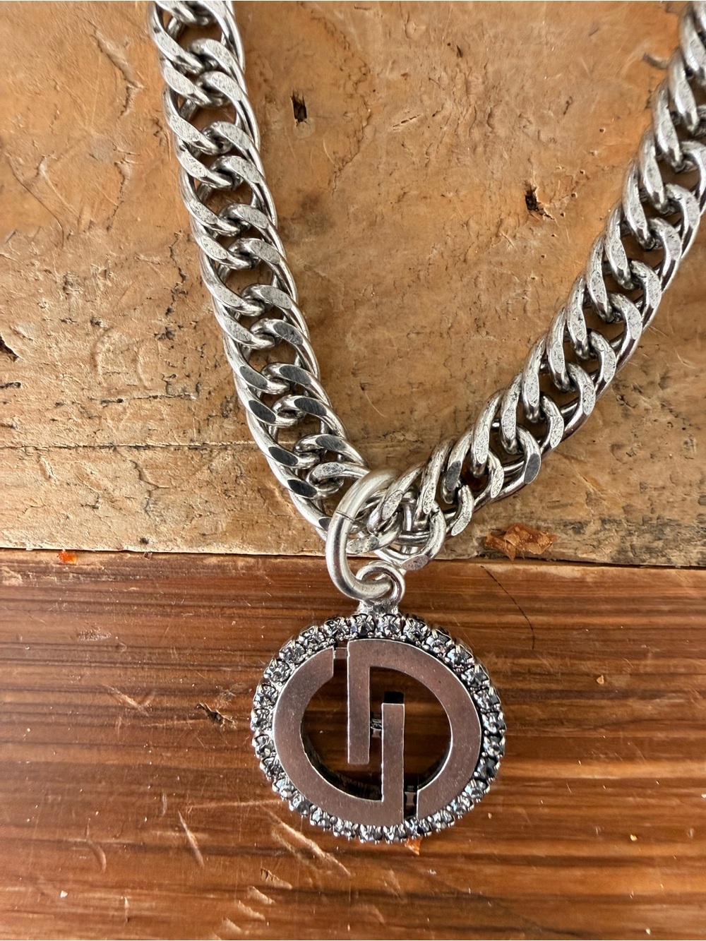 Men's Silver-Tone Chain Necklace with Circular Gem-Trim Pendant